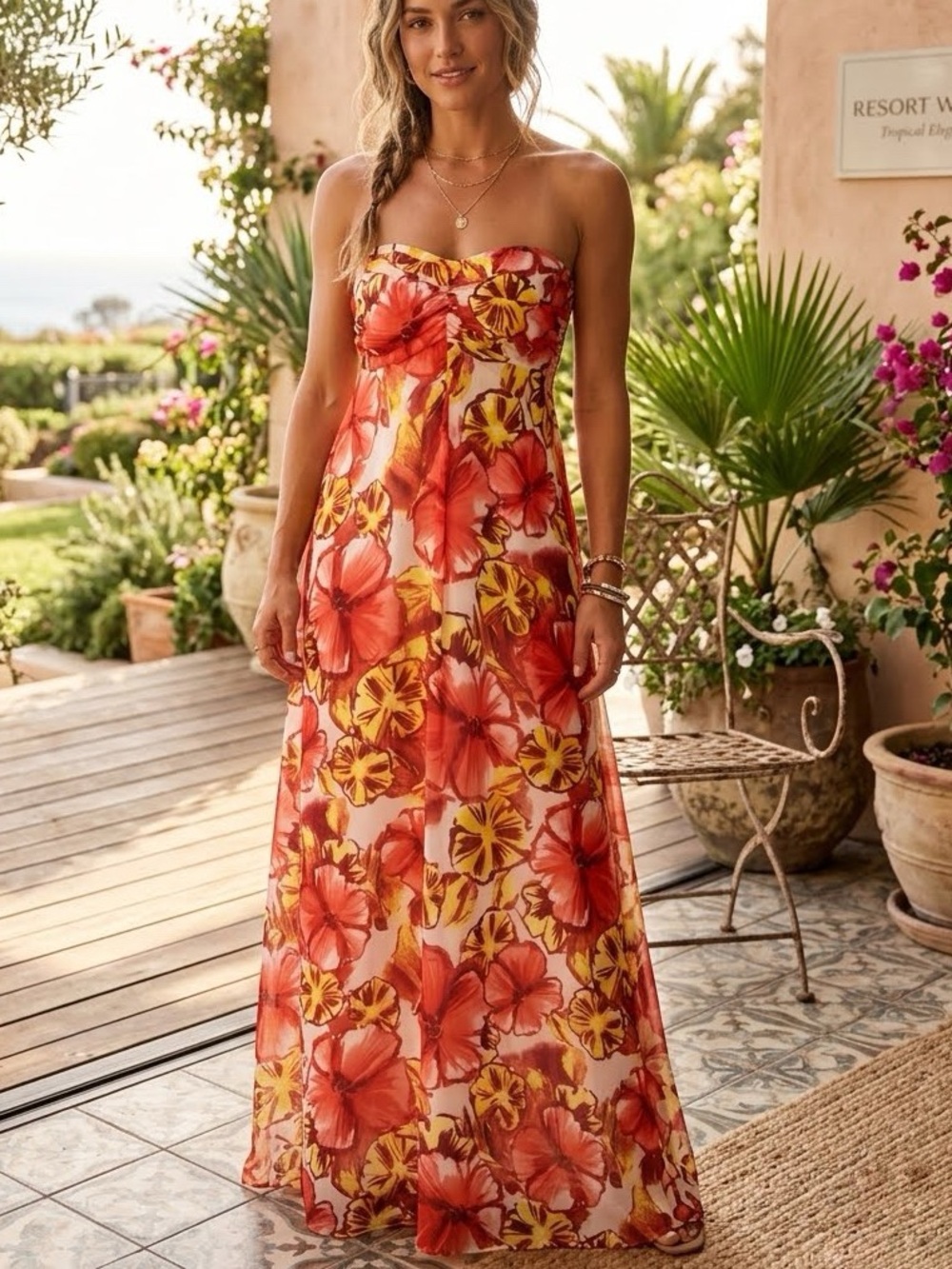 Xhilaration Strapless Tropical Fall Hibiscus Floral Maxi Summer Dress